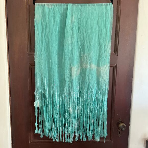 BAYAA | Silk Chiffon Teal Hand Dyed Sequin Fringe Trim Scarf - BNWT - Picture 1 of 7